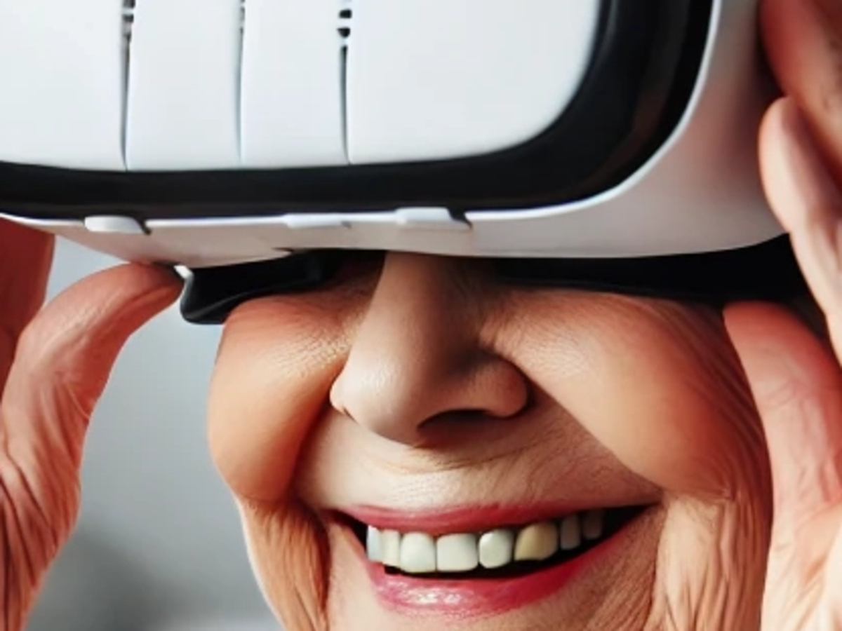 Glad äldre kvinna med VR-glasögon, AI-generad